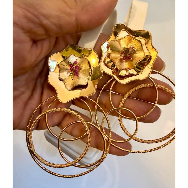 Metal 18 Kt Yellow Gold 31.5 Gm Dangling Earrings, 4 Hoop Flower Earring For Sale - Image 7 of 8