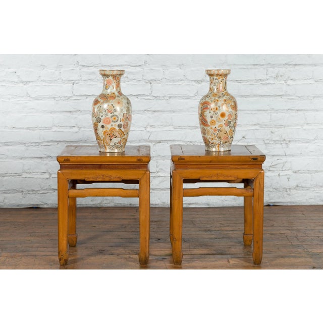 Vintage Chinese Ming Dynasty Style Waisted Side Tables with Stretchers - A Pair For Sale - Image 4 of 12