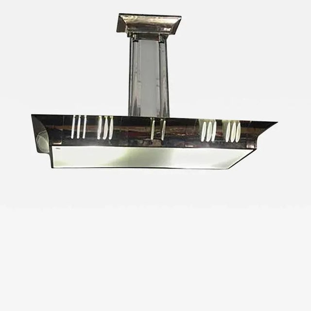 Art Deco Modernist French Art Deco Frosted Glass & Chromed Bronze Chandelier For Sale - Image 3 of 3