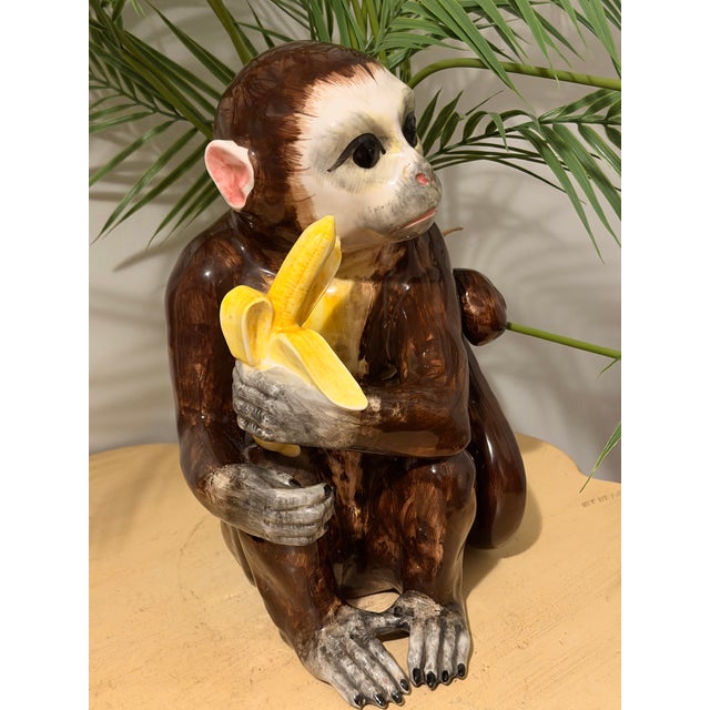 Coffee Vintage Extra Large Majolica Italian Sculpture Monkey & Banana Hand Painted Sitting. For Sale - Image 8 of 10