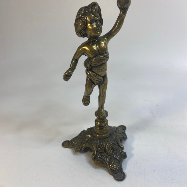 Vintage Pair Cherub Three Armed Candle Holder Cast Metal Italy Chateau Style For Sale - Image 10 of 11