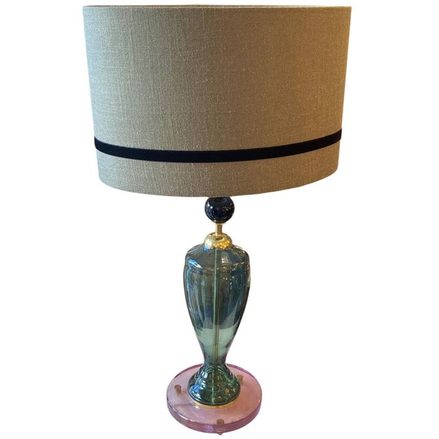Murano glass lamp in green, with a purple base and black details. I have official proof of authenticity such as vintage...