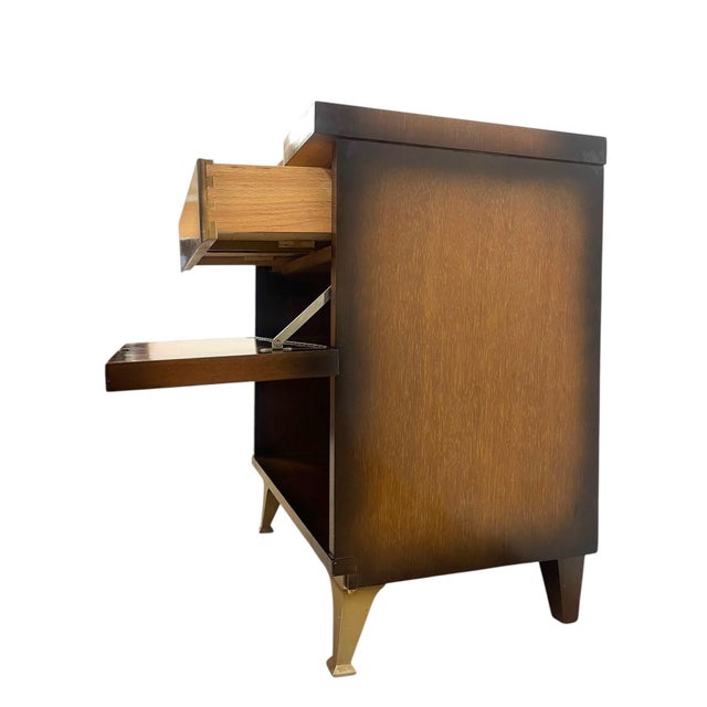 Vintage Mid-Century Modern Drop-Front Nightstand / Bedside Cabinet With Interior Drawer and Brass-Toned Legs For Sale - Image 9 of 9
