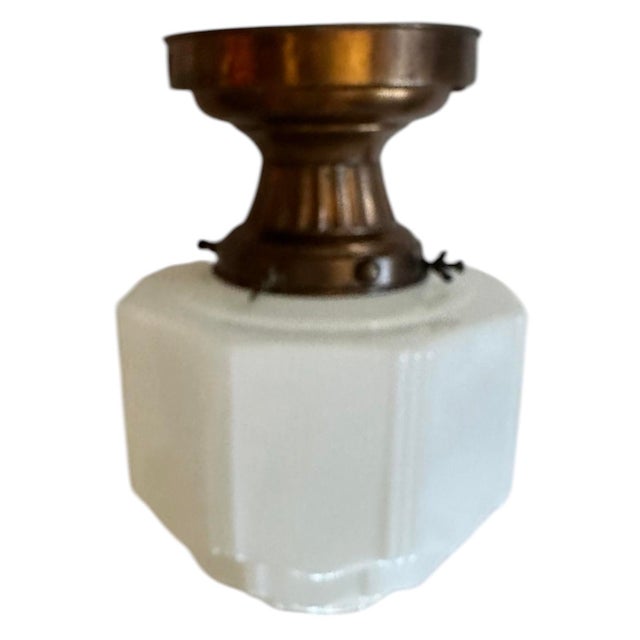 1930s 1930s Art Deco Skyscraper Flushmount Fixture on Old Copper Flashed Reeded Holder For Sale - Image 5 of 6