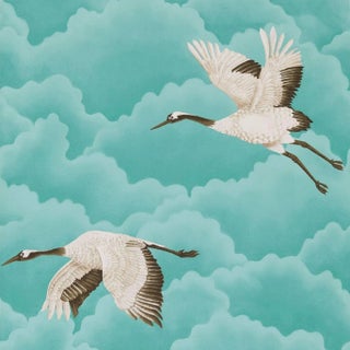 Harlequin Cranes in Flight Wallpaper in Marine For Sale