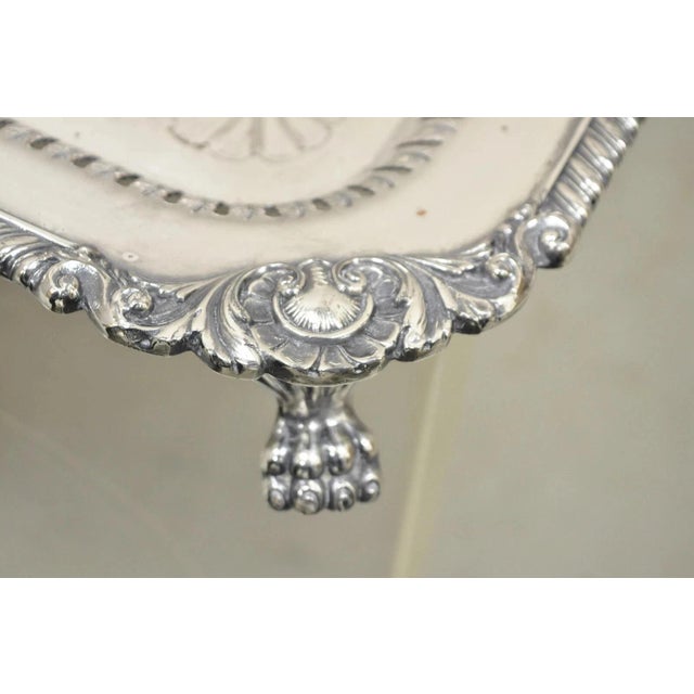 Victorian Antique English Victorian Rectangular Silver Plated Platter Bar Tray on Paw Feet For Sale - Image 3 of 11
