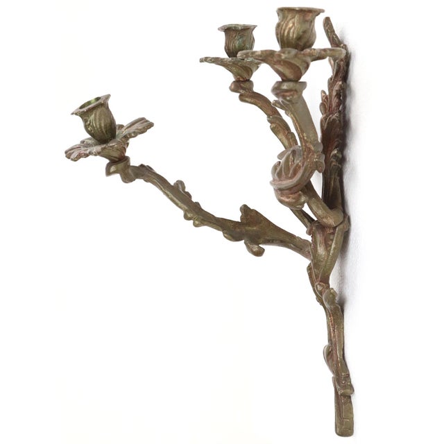 Metal Pair of Antique Louis XV Foliate Bronze Candle Wall Sconces For Sale - Image 7 of 10
