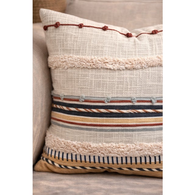 Rust & Indigo Textured Stripe Embroidered Cushion Cover For Sale - Image 4 of 4