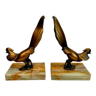 Vintage French Art Deco Pheasant Bookends on Green Onyx Bases Attributed to Irenee Rochard- Set of 2 For Sale