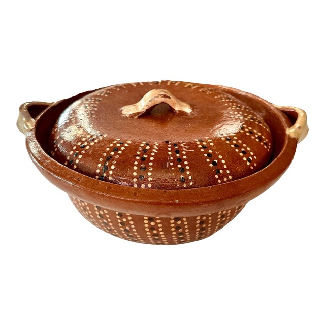 Vintage Hand Painted Traditional Mexican Clay Earthenware Pottery Lidded Pot For Sale