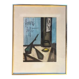 Bernard Buffet (France 1928 - 1999) Mid Century Modern Colored Lithograph Still Life of a Wine Bottle and Fish 1967