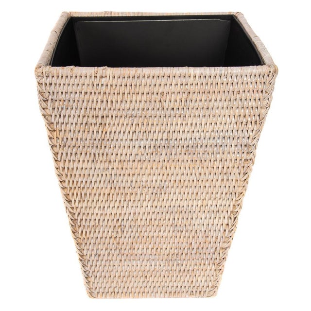 2020s Artifacts Rattan Square Tapered Waste Basket with Metal Liner in White Wash For Sale - Image 5 of 9