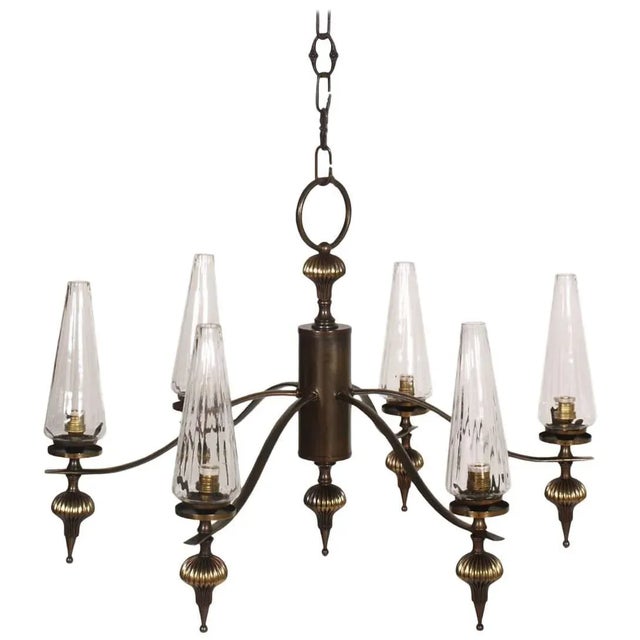 1940s Art Deco 6-Light Burnished Brass & Venini Murano Glass Chandelier, 1930s For Sale - Image 5 of 5