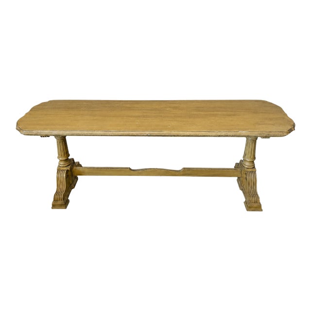 Vintage Butter Yellow Painted Trestle Sofa Table With Scalloped Top For Sale