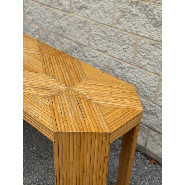 Vintage Palm Beach Pencil Reed Console With Geometric Inlaid Top in Style of McGuire For Sale In Philadelphia - Image 6 of 12