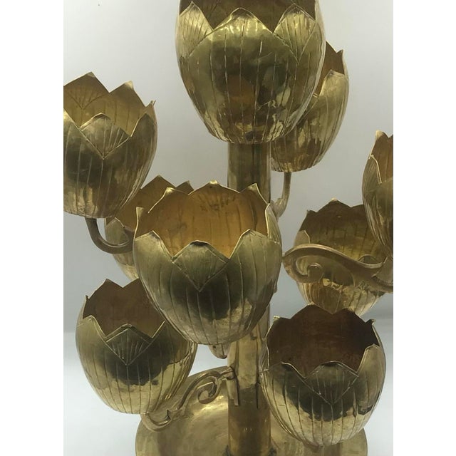 Vintage MCM Brass 9 Lotus Flower Candelabra For Sale - Image 10 of 10