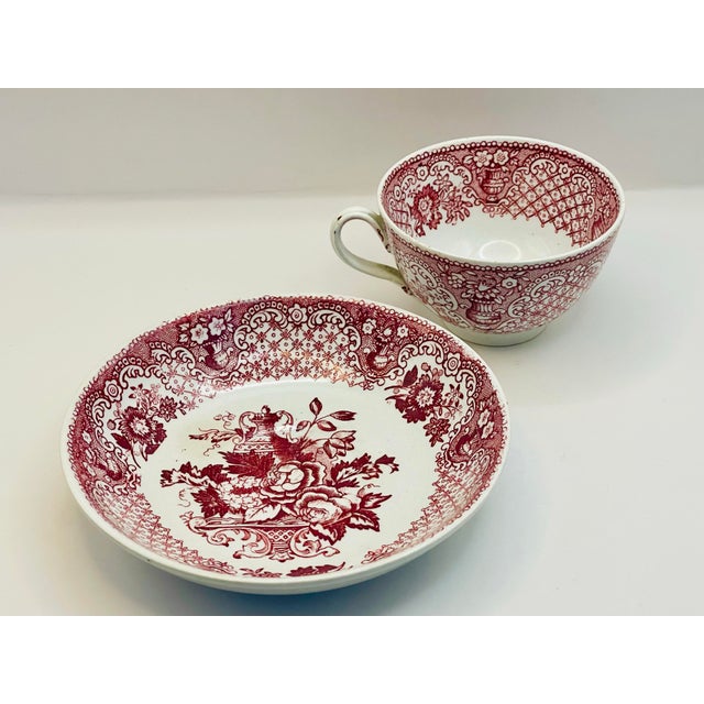Late 19th Century Late 19th Century Red Transferware Teacup & Saucer For Sale - Image 5 of 8