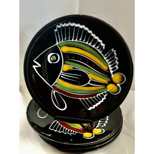 French Robert Picault Black Glazed Ceramic Fish Vallauris Set 15 Pieces For Sale - Image 4 of 13
