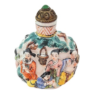 19th C. Chinese Molded Famille Rose Porcelain Snuff Bottle With Stand For Sale