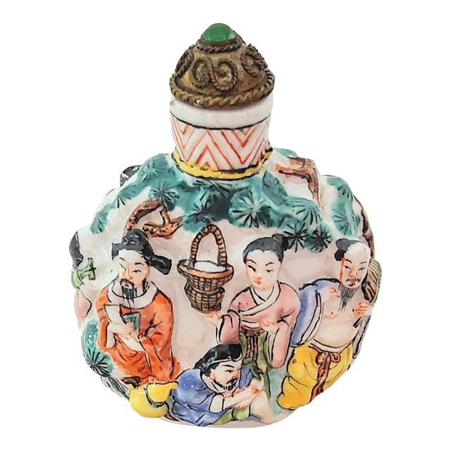 19th C. Chinese Molded Famille Rose Porcelain Snuff Bottle With Stand For Sale