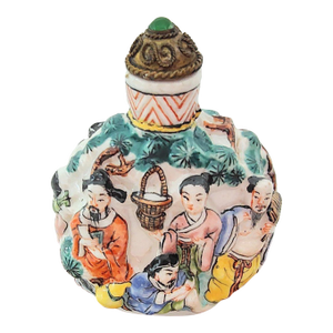 Antique 19th Century Chinese Famille Rose Molded Porcelain Snuff Bottle With Qianlong Mark