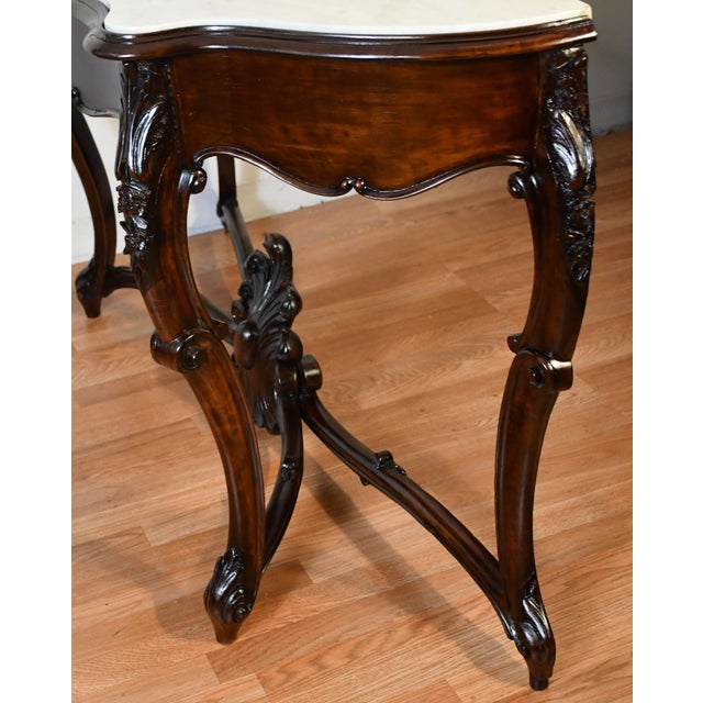 1880s Antique French Louis XV Hand Carved Walnut & Marble Top Console Sofa Table For Sale - Image 16 of 18