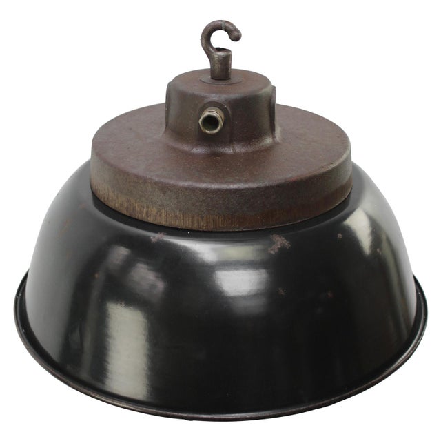 Vintage Factory Black Enamel and Cast Iron Pendant Lamp For Sale - Image 4 of 5