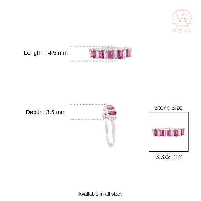 Prong Set Alternating Ruby & Diamond Baguette Band Ring Size 9 in 14k White Gold For Sale - Image 9 of 13