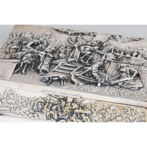Continental Silverplate covered rectangular box. Cedar Interior. Hinged cover. High relief repousse village scene. Dutch...