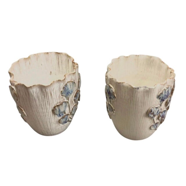 Pair of Vintage Italian Ceramic Art Pottery Vases With Relief Leaf Motif For Sale - Image 4 of 12