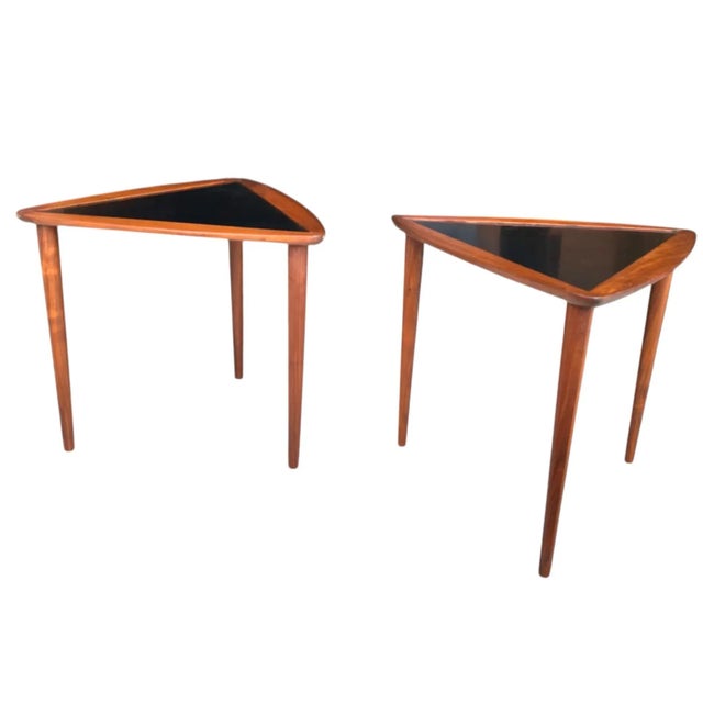 Mid-Century Modern Pair of 1960s Danish Modern Teak Triangle End Tables With Black Laminate For Sale - Image 3 of 13