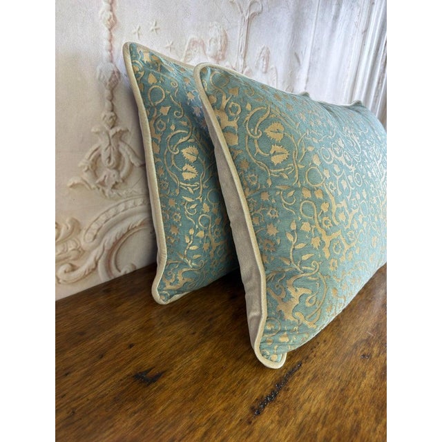 Pair of Venetian Aqua and Gold Fortuny Textile Lumbar Pillows For Sale In Los Angeles - Image 6 of 8