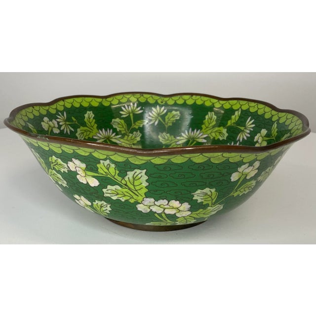 Stunning green Chinese cloisonne bowl with scalloped edged. Floral design on interior and exterior features multiple...