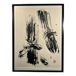 Vintage Chinese Ink Painting on Fabriano Paper Framed Calligraphy Brushwork