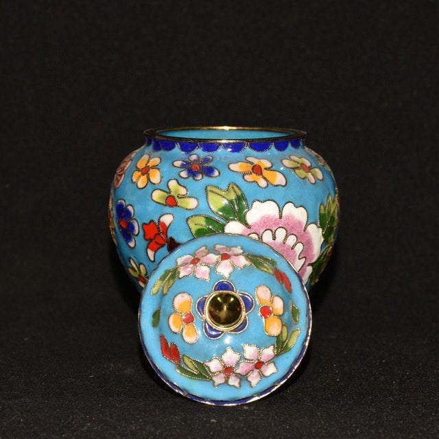 Vintage Blue Cloisonné Enamel Ginger Jar With Peony Motif and Lid For Sale - Image 4 of 9