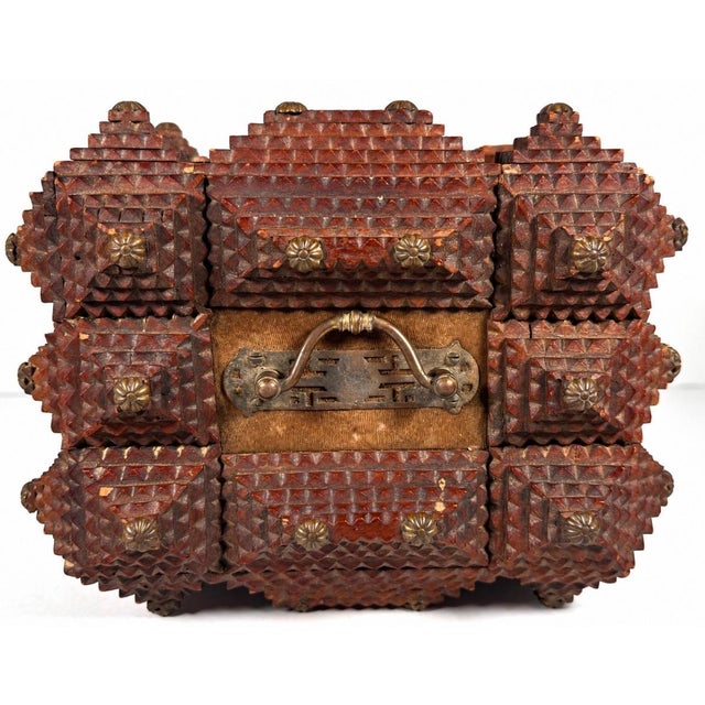 Late 19th Century Antique European Tramp Art Keepsake Box With Red Velvet and Brass Details For Sale - Image 5 of 7