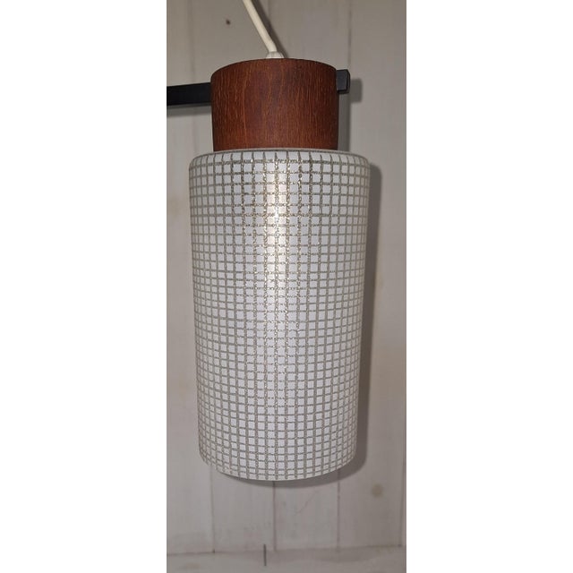 Black Mid-Century Ceiling Lamp with Black Metal Frame, Teak Mountings, and Glass Shades, 1960s For Sale - Image 8 of 9