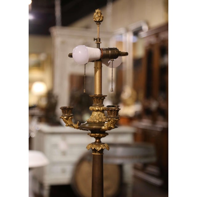 Metal 19th Century French Empire Bronze Dore Two-Light Candelabra Table Lamp For Sale - Image 7 of 11