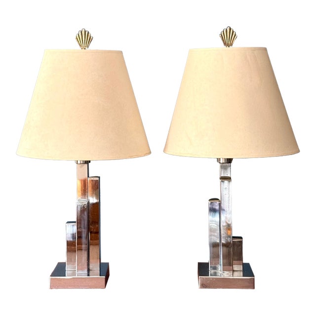 Vintage Chrome Architectural Table Lamps With Brass Shell Finials - a Pair For Sale