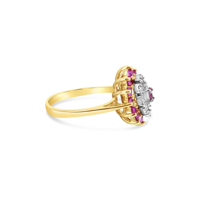 Contemporary Ruby Diamond Pave Cluster Ring 14k Yellow Gold, Size 4 For Sale - Image 3 of 3