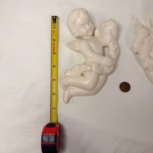 Victorian Vintage Ceramic Cherub Wall Hanging Pair Cream Angel Garland Set 7 Inch Cherubim Sculptures Romantic For Sale - Image 3 of 10