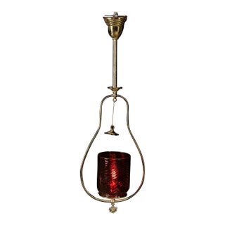 Mid-Century Brass Pendant Lamp With Cranberry Glass Shade For Sale