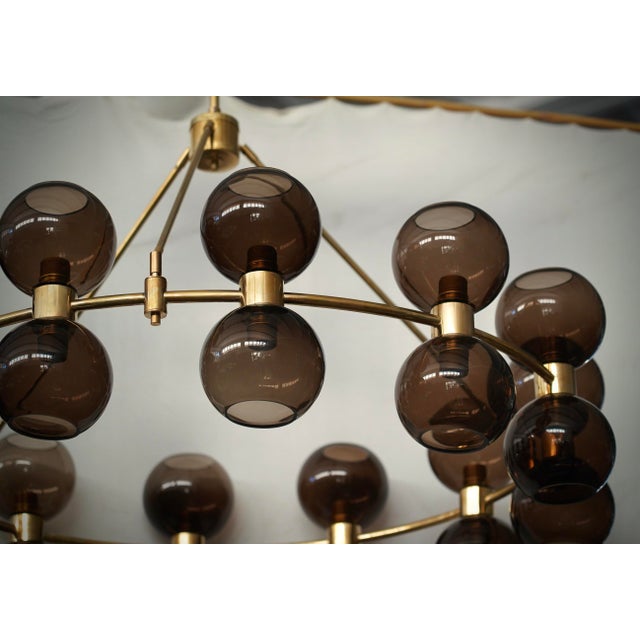2000 - 2009 Art Deco Round Art Glass and Brass Chandelier, 2000 For Sale - Image 5 of 10