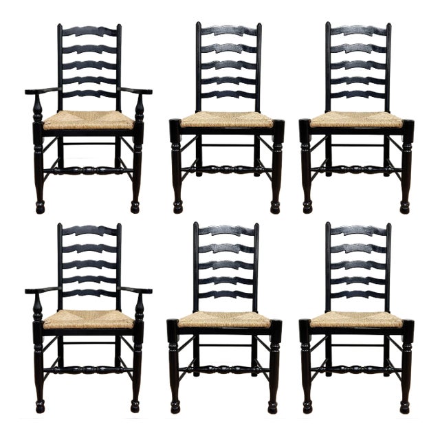 Maitland-Smith Style Black Ladderback Rush Seat Dining Chairs, S/6 For Sale
