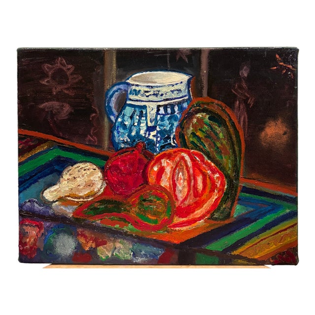 Colorful Still Life With Blue Pitcher, Oil Painting For Sale