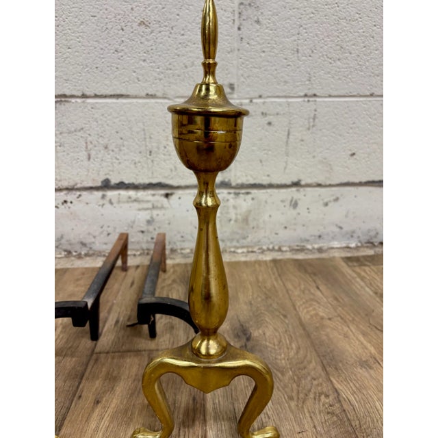 Traditional Vintage Brass and Iron Andirons Fire Dogs With Claw Feet For Sale - Image 3 of 7
