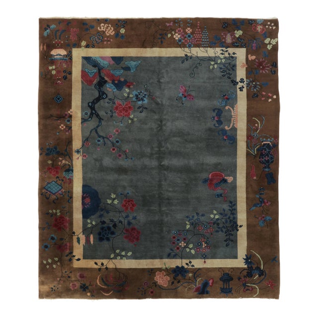 Antique 20th Century Chinese Deco Rug With Flowers & Pictorials - Rug & Kilim For Sale