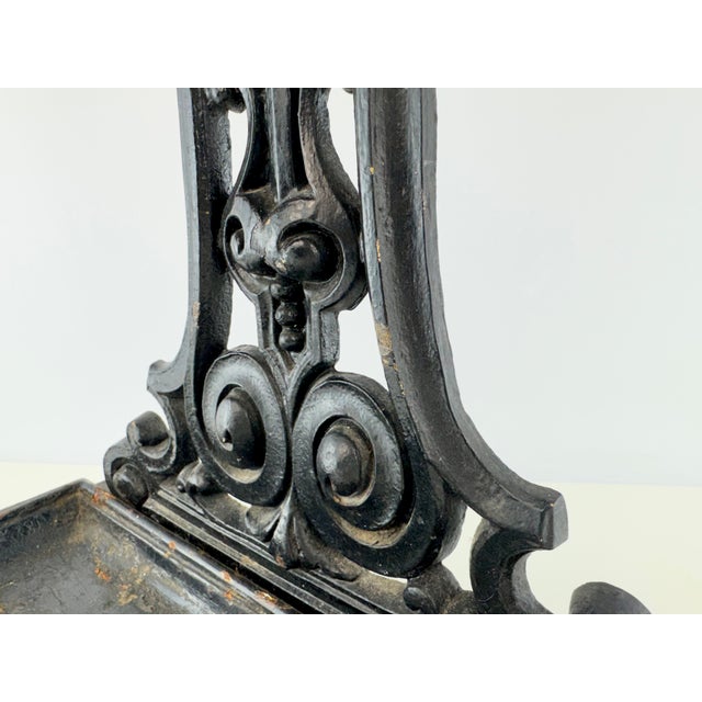 Metal Antique Victorian Black Cast Iron Umbrella & Cane Stand With Removable Drip Tray For Sale - Image 7 of 14