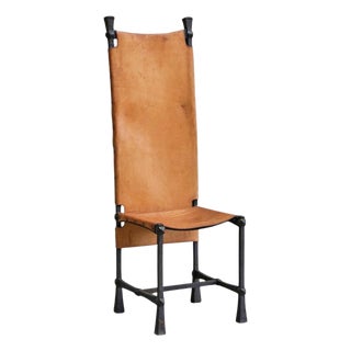 Vintage Brutalist High Back Chair in Wrought Iron and Patinated Cognac Leather, 1950s For Sale