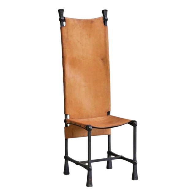 Vintage Brutalist High Back Chair in Wrought Iron and Patinated Cognac Leather, 1950s For Sale